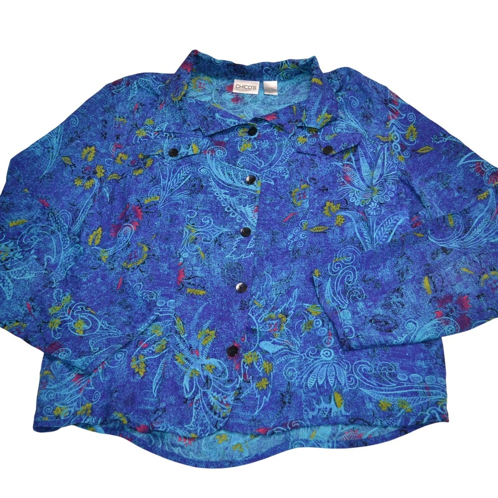 Chico's Silk Paisley Blouse Size 3 Casual Work Travel Fall Blue Multicolor Sheer - Picture 4 of 5